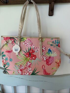 Spartina 449 Retreat Jetsetter Tote Flamingo Floral with Gold Trim